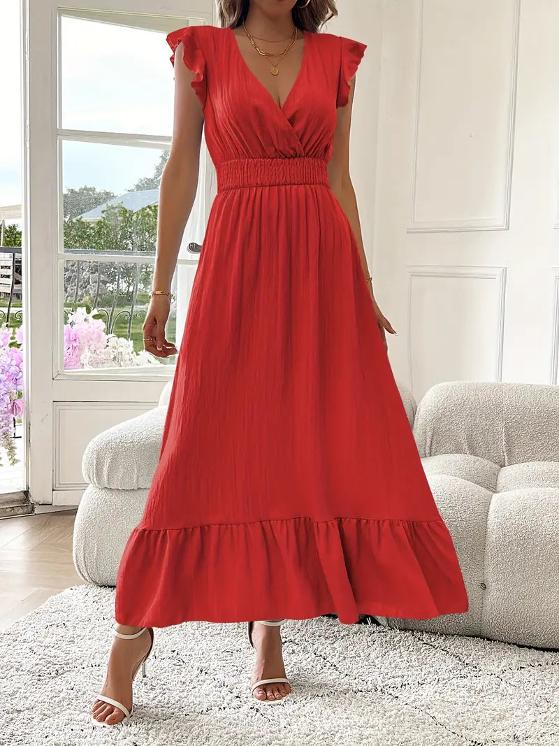Elegant Ruffle Sleeve Surplice Neck Dress – Space Lightweight & Flattering Summer Style