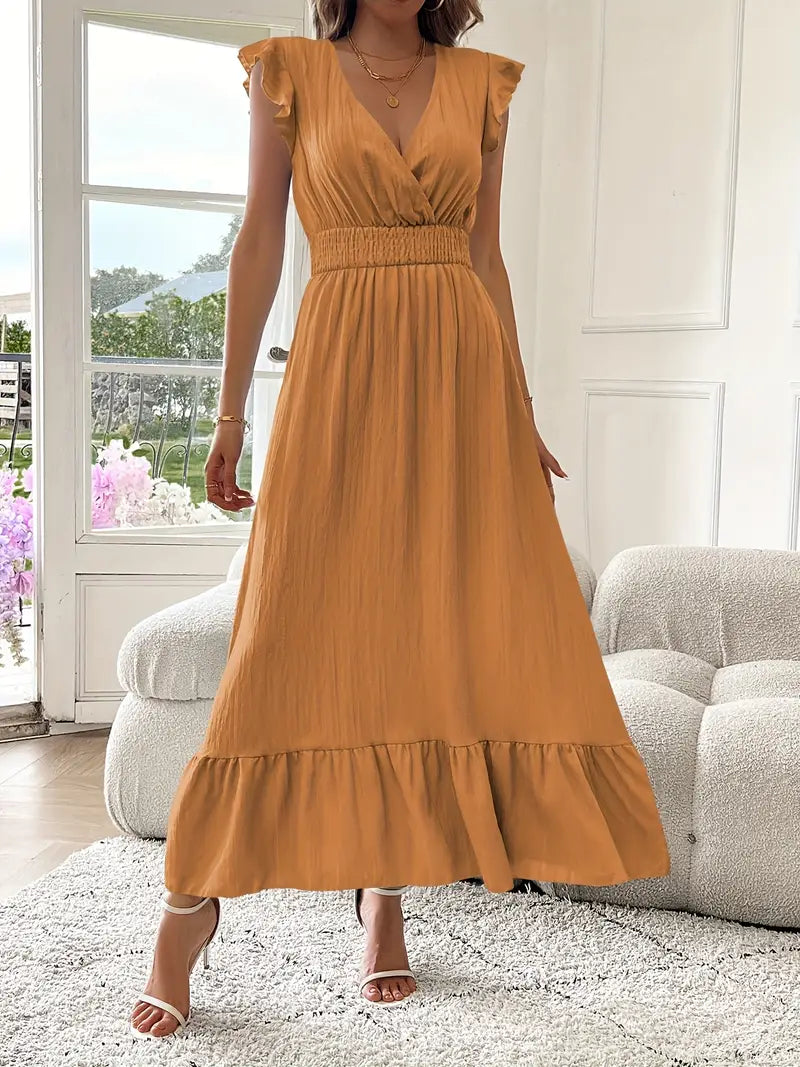 Elegant Ruffle Sleeve Surplice Neck Dress – Space Lightweight & Flattering Summer Style