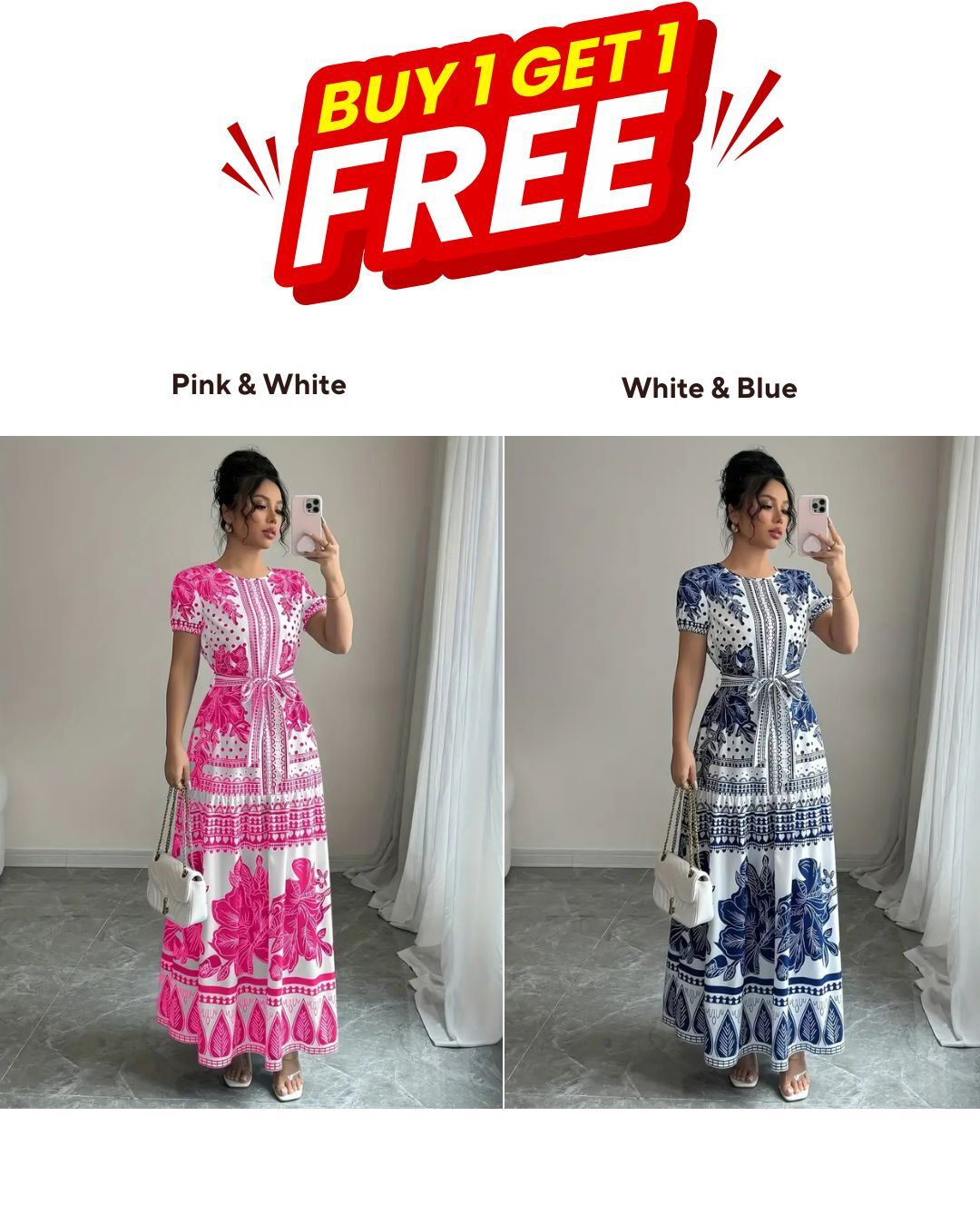 Pack of 2 – Vibrant Floral Maxi Dresses for Women – Tie Front, Flowy Summer Fit, Crew Neck