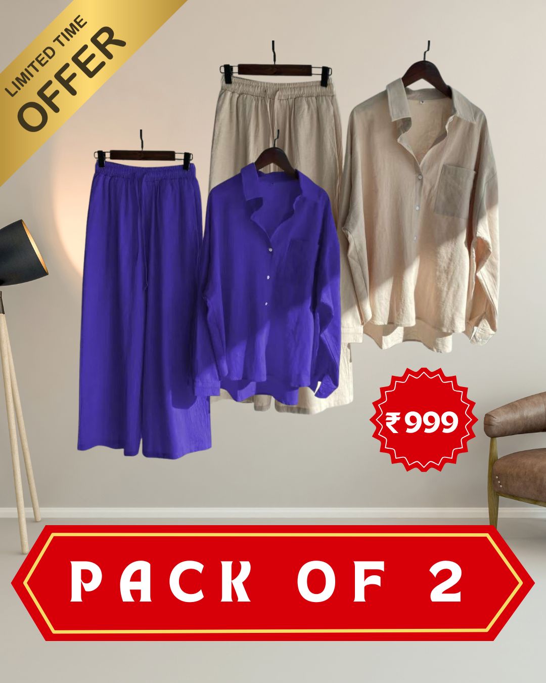 Pack of 2 Fashionable Women’s High‑Waist Cotton Shirt & Slacks Set 3.0