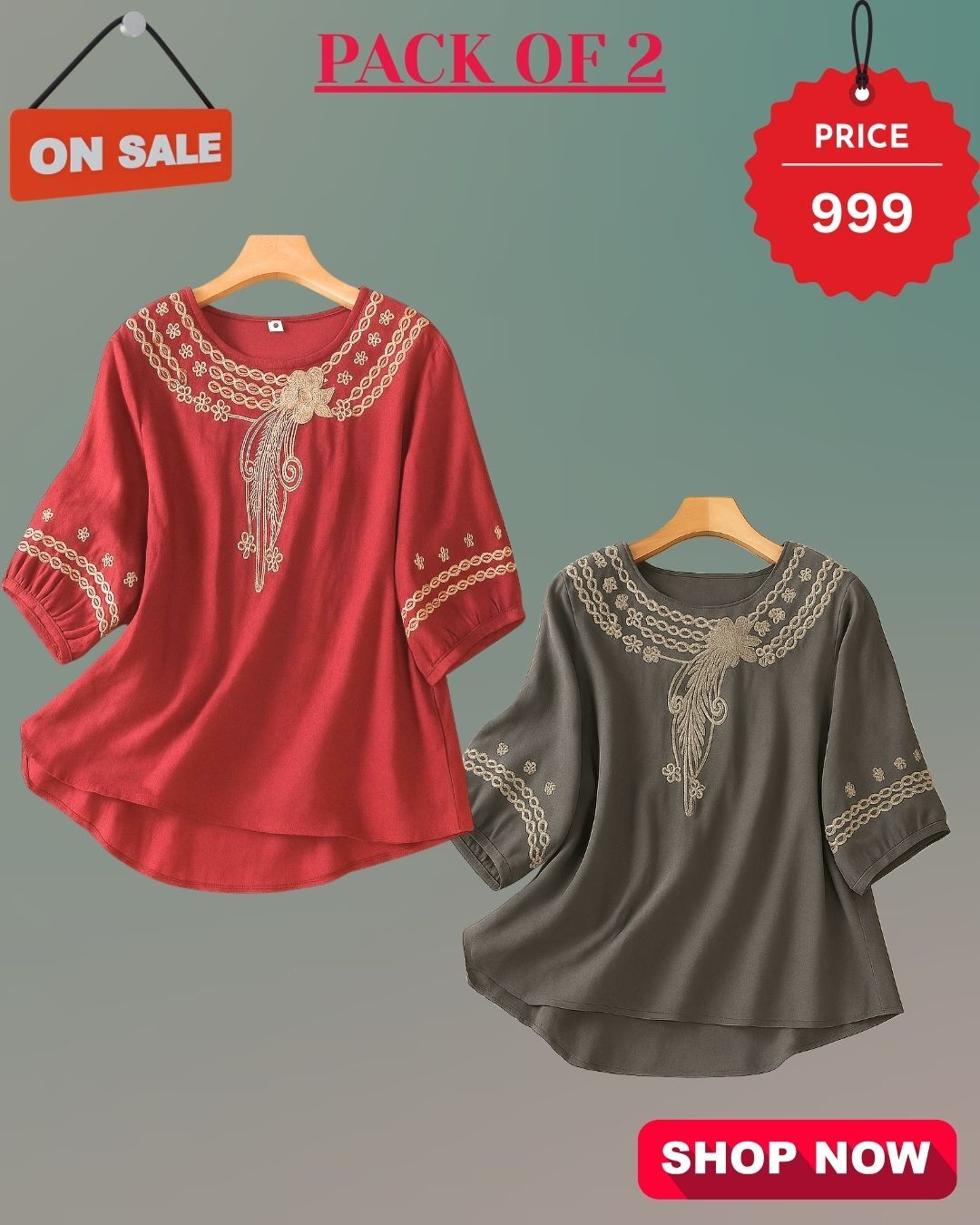 Pack Of 2 Floral Embroidered Top