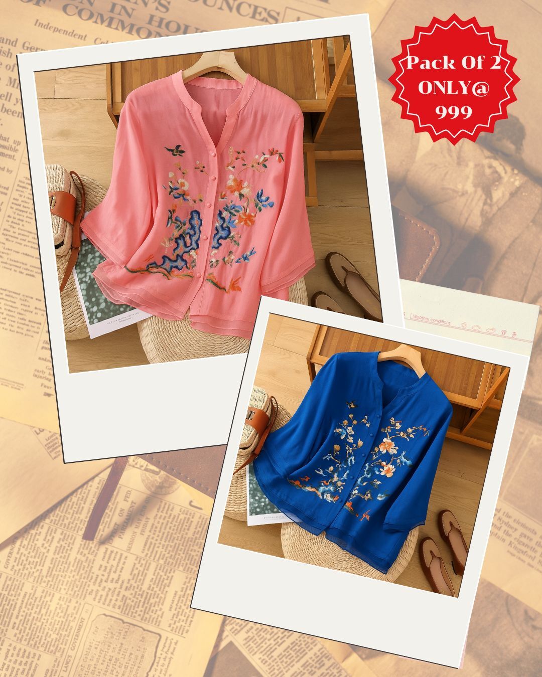 Elegant Floral Embroidered Chiffon Tops – Pack of 2 (White & Black)