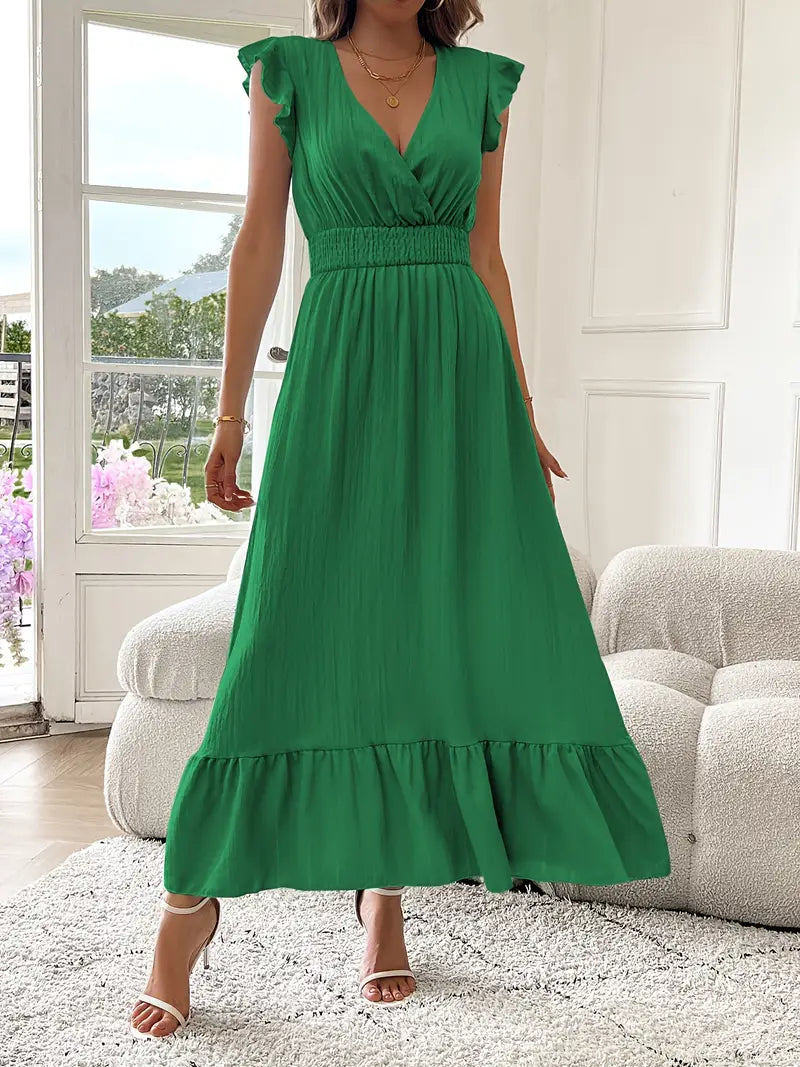 Elegant Ruffle Sleeve Surplice Neck Dress – Space Lightweight & Flattering Summer Style