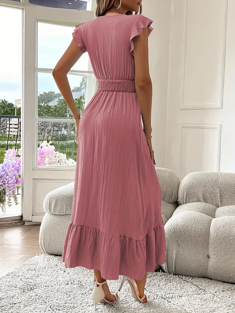 Elegant Ruffle Sleeve Surplice Neck Dress – Space Lightweight & Flattering Summer Style