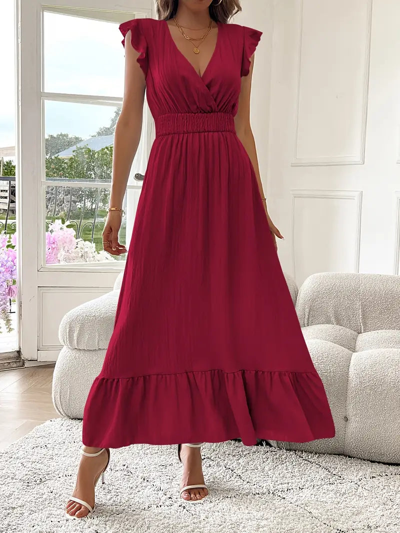 Elegant Ruffle Sleeve Surplice Neck Dress – Space Lightweight & Flattering Summer Style