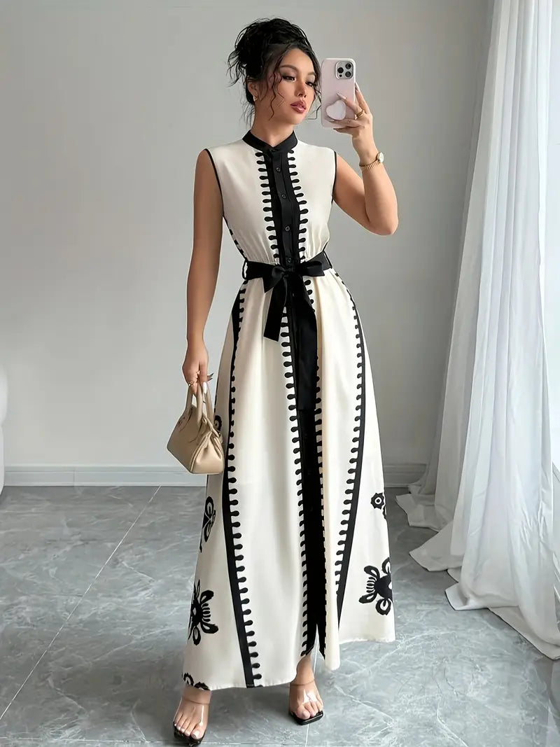 Modern Summer Dress – Sleeveless, Belted, Stand Collar, Pockets – Women's Black & White Casual Wear"
