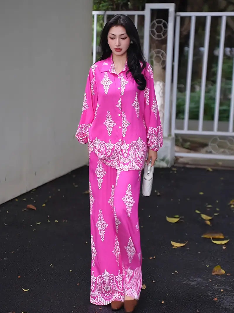 Bold Bloom Two-Piece Set – Printed Shirt & High-Waist Wide-Leg Pants