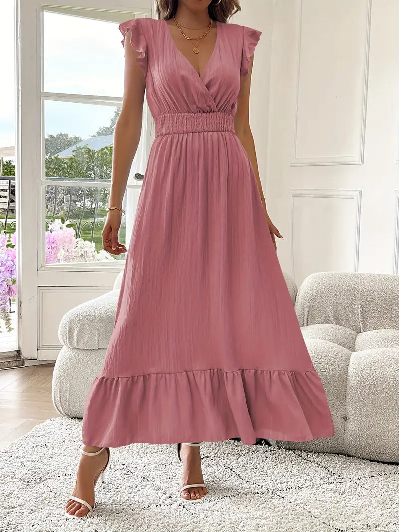 Elegant Ruffle Sleeve Surplice Neck Dress – Space Lightweight & Flattering Summer Style
