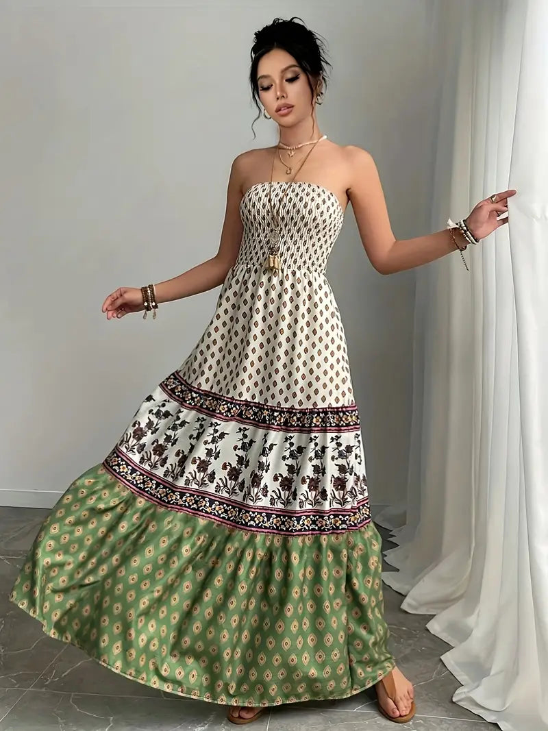 Airy Off-Shoulder Maxi Dress – Ruffle Trim, Pleated Skirt, Lightweight Fabric for Sunny Days & Vacations