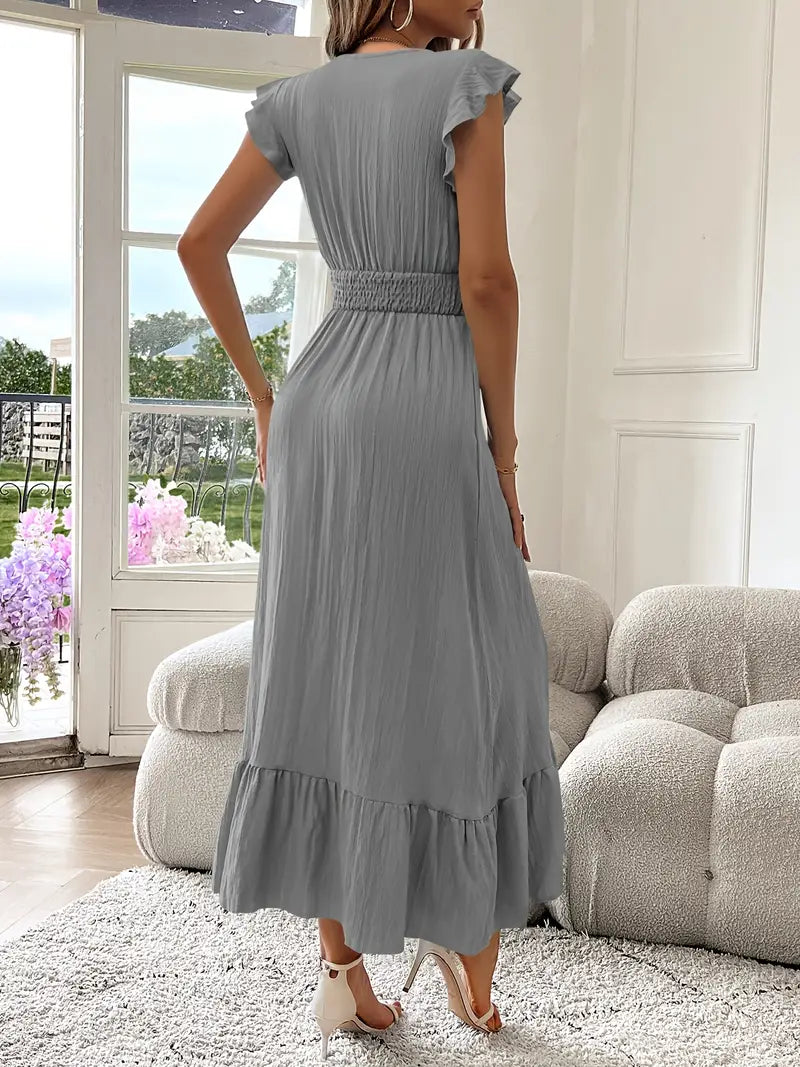 Elegant Ruffle Sleeve Surplice Neck Dress – Space Lightweight & Flattering Summer Style