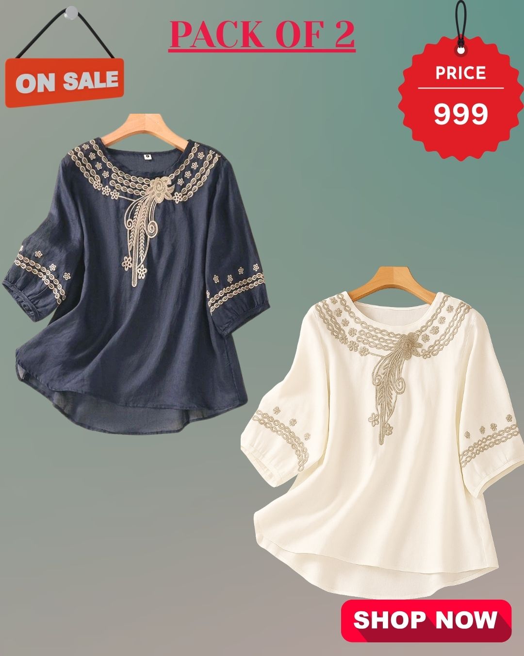 Pack Of 2 Floral Embroidered Top