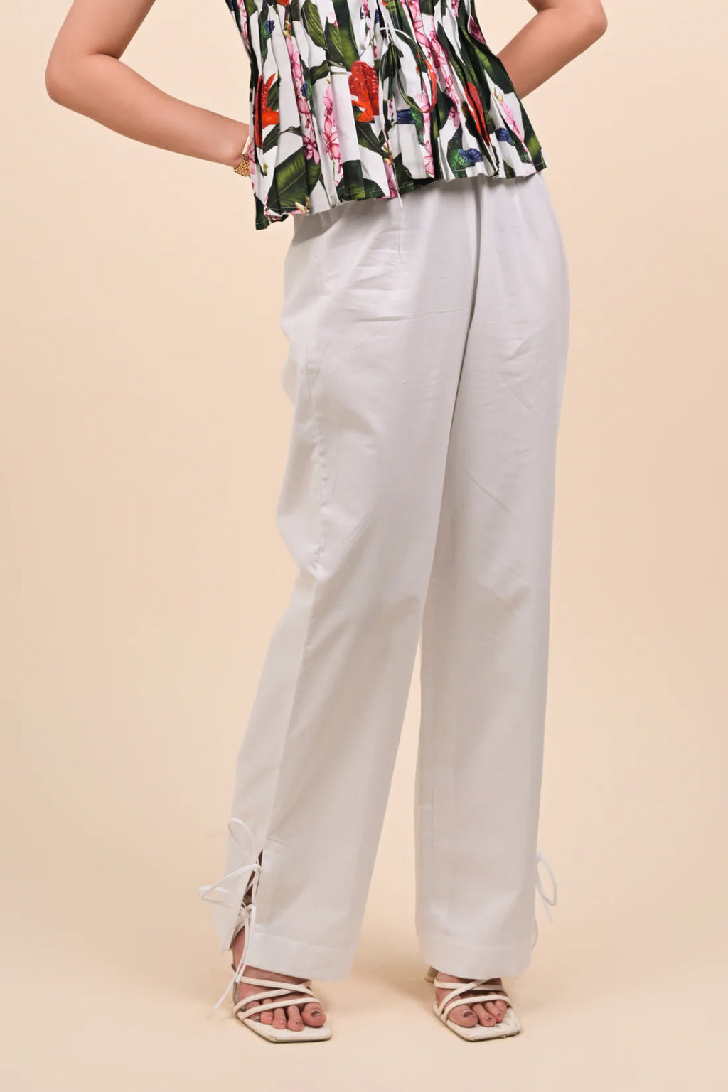 Tropical Floral Pleated Top & White Wide-Leg Pants Set