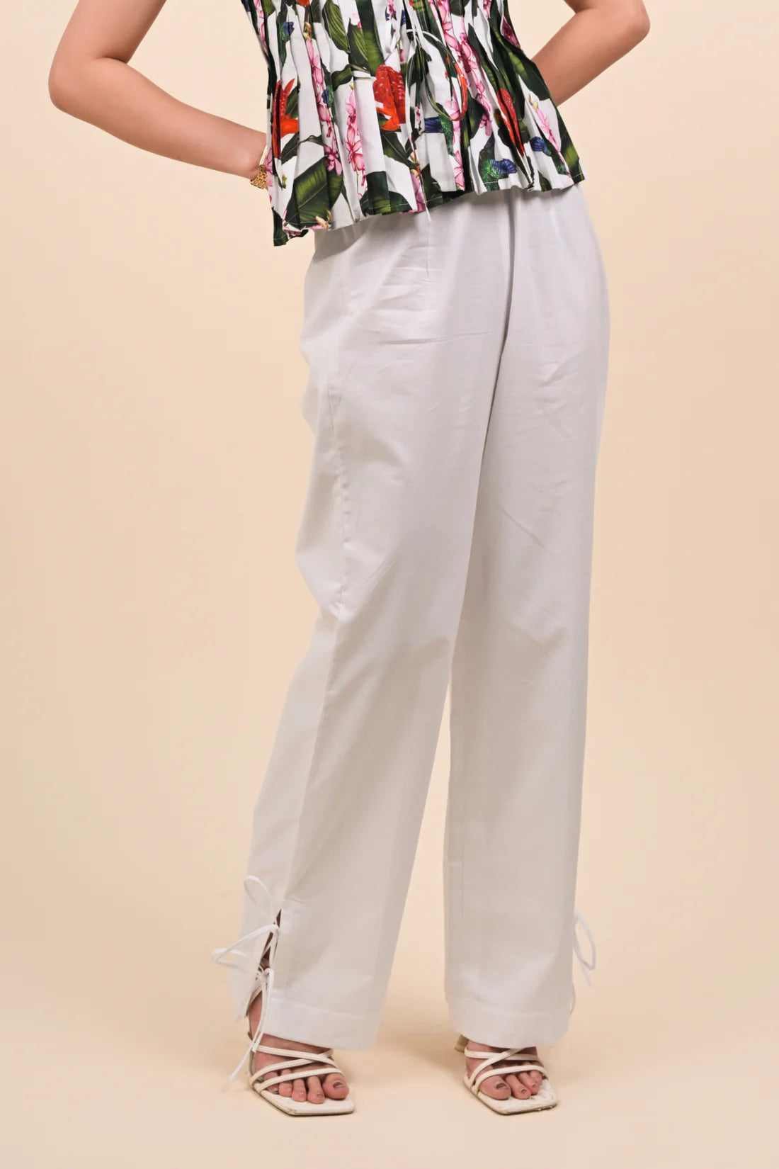 Tropical Floral Pleated Top & White Wide-Leg Pants Set