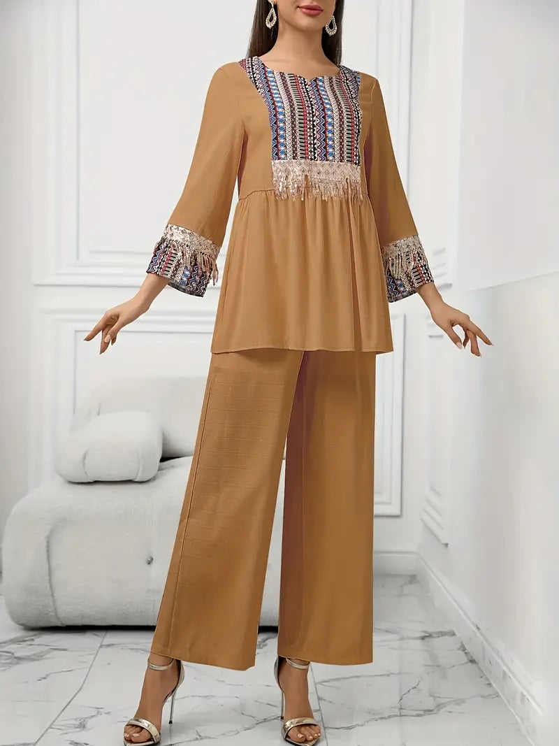 Elegant Summer Patchwork Co-ord Set for Women – Beaded Fringe Top with Wide-Leg Pants (2pcs)