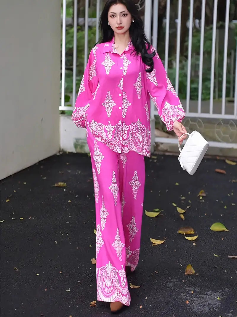 Bold Bloom Two-Piece Set – Printed Shirt & High-Waist Wide-Leg Pants