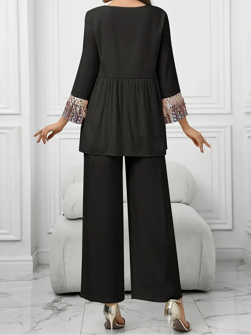 Elegant Summer Patchwork Co-ord Set for Women – Beaded Fringe Top with Wide-Leg Pants (2pcs)