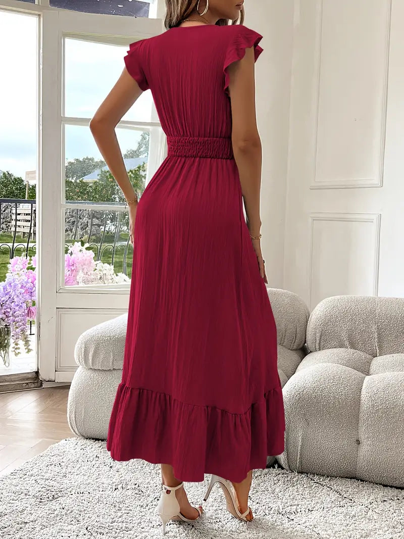 Elegant Ruffle Sleeve Surplice Neck Dress – Space Lightweight & Flattering Summer Style