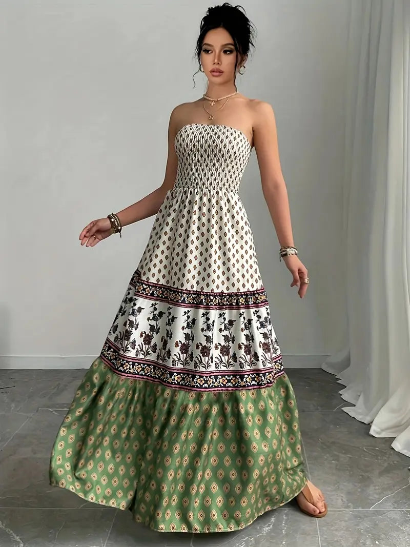 Airy Off-Shoulder Maxi Dress – Ruffle Trim, Pleated Skirt, Lightweight Fabric for Sunny Days & Vacations