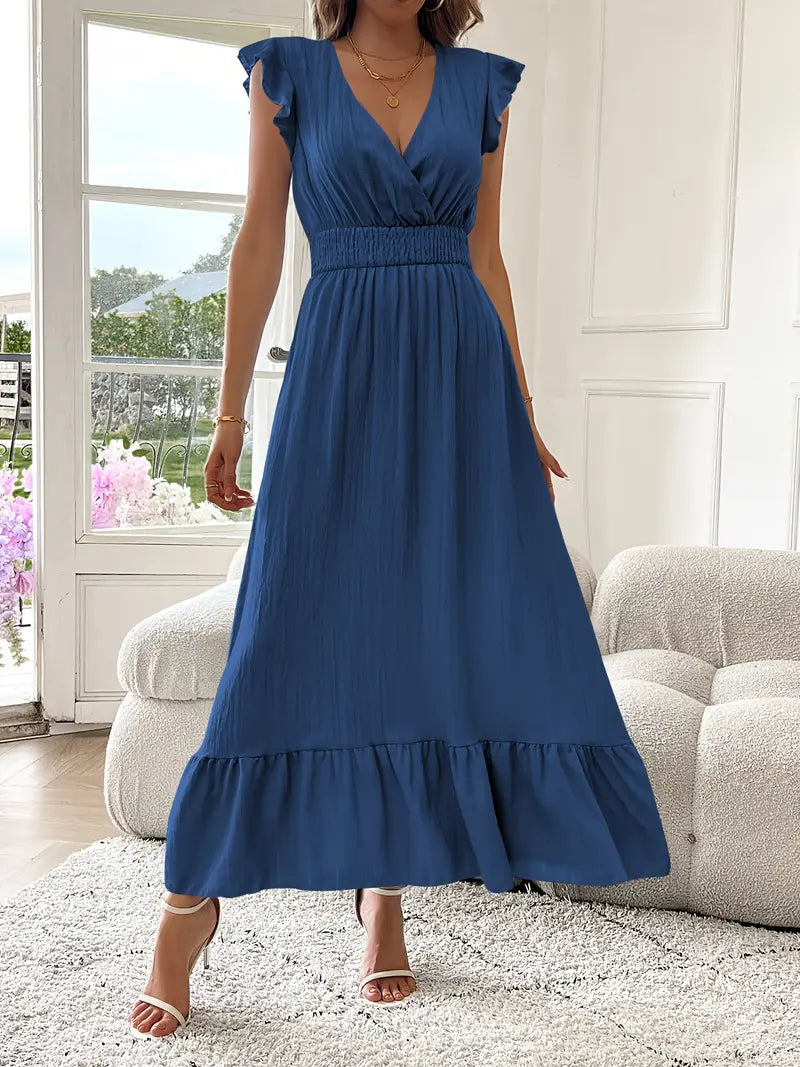 Elegant Ruffle Sleeve Surplice Neck Dress – Space Lightweight & Flattering Summer Style