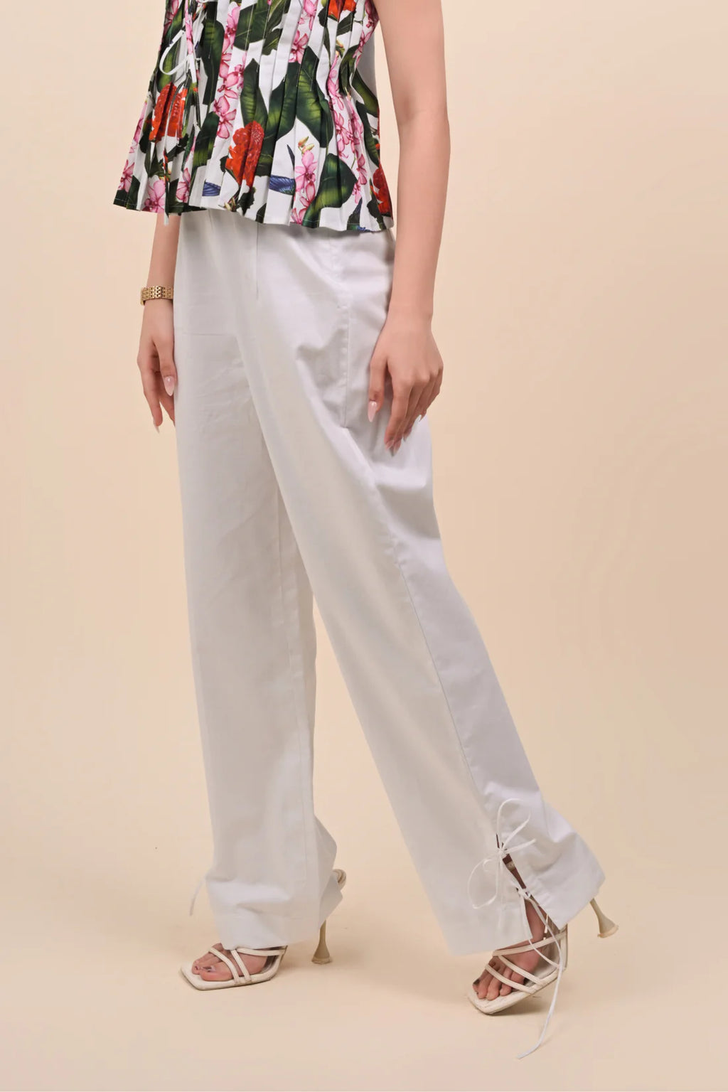 Tropical Floral Pleated Top & White Wide-Leg Pants Set