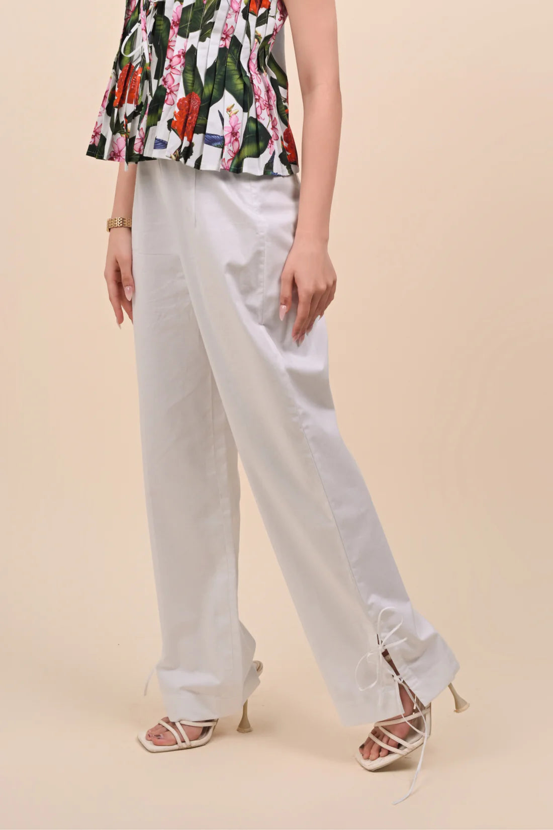 Tropical Floral Pleated Top & White Wide-Leg Pants Set