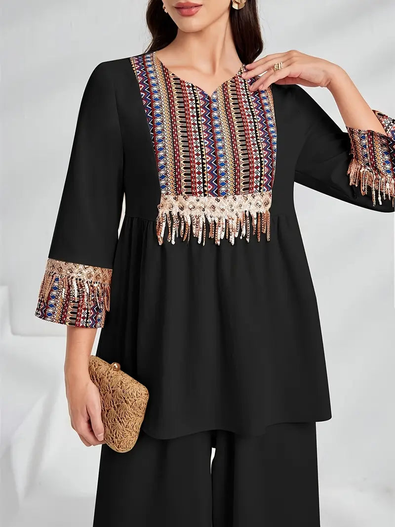 Elegant Summer Patchwork Co-ord Set for Women – Beaded Fringe Top with Wide-Leg Pants (2pcs)