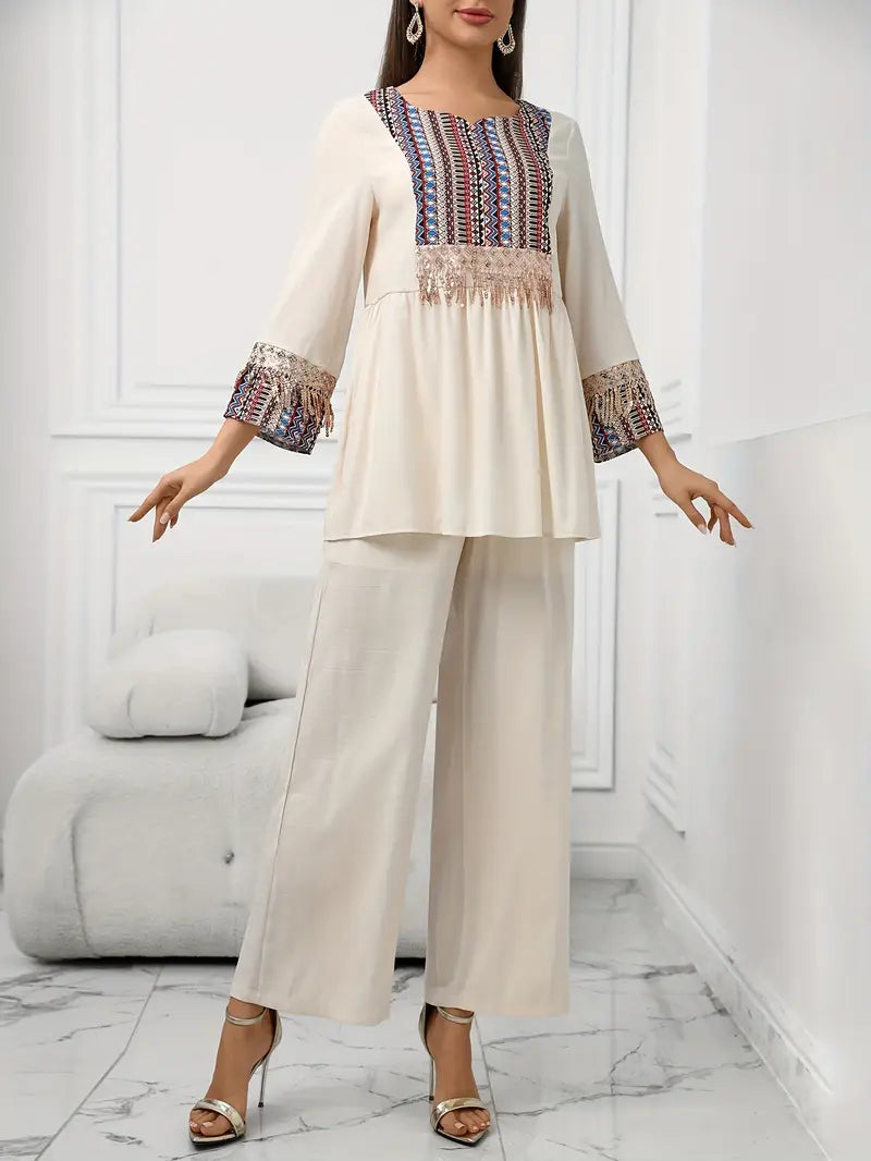 Elegant Summer Patchwork Co-ord Set for Women – Beaded Fringe Top with Wide-Leg Pants (2pcs)