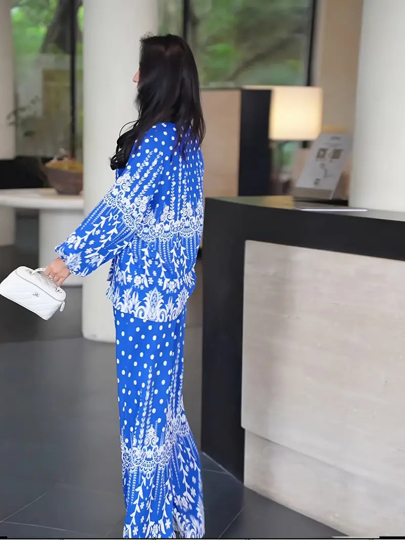 Bold Bloom Two-Piece Set – Printed Shirt & High-Waist Wide-Leg Pants