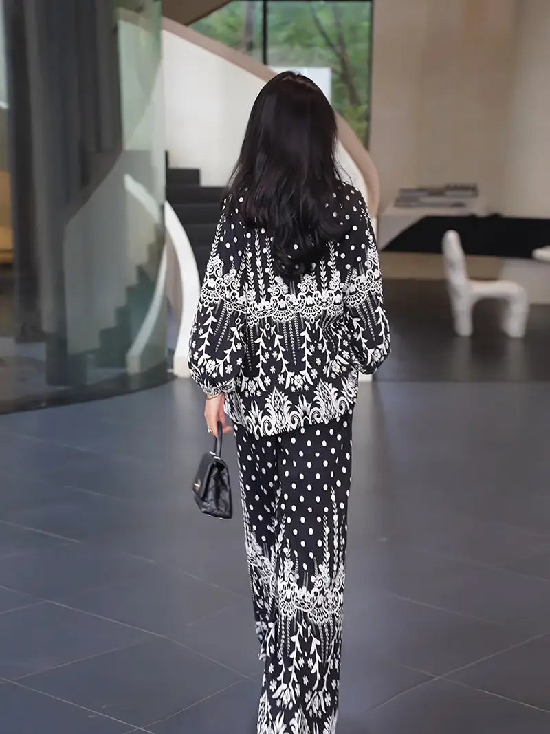 Bold Bloom Two-Piece Set – Printed Shirt & High-Waist Wide-Leg Pants