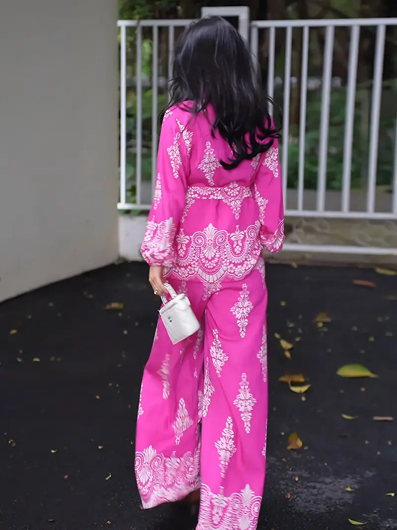 Bold Bloom Two-Piece Set – Printed Shirt & High-Waist Wide-Leg Pants