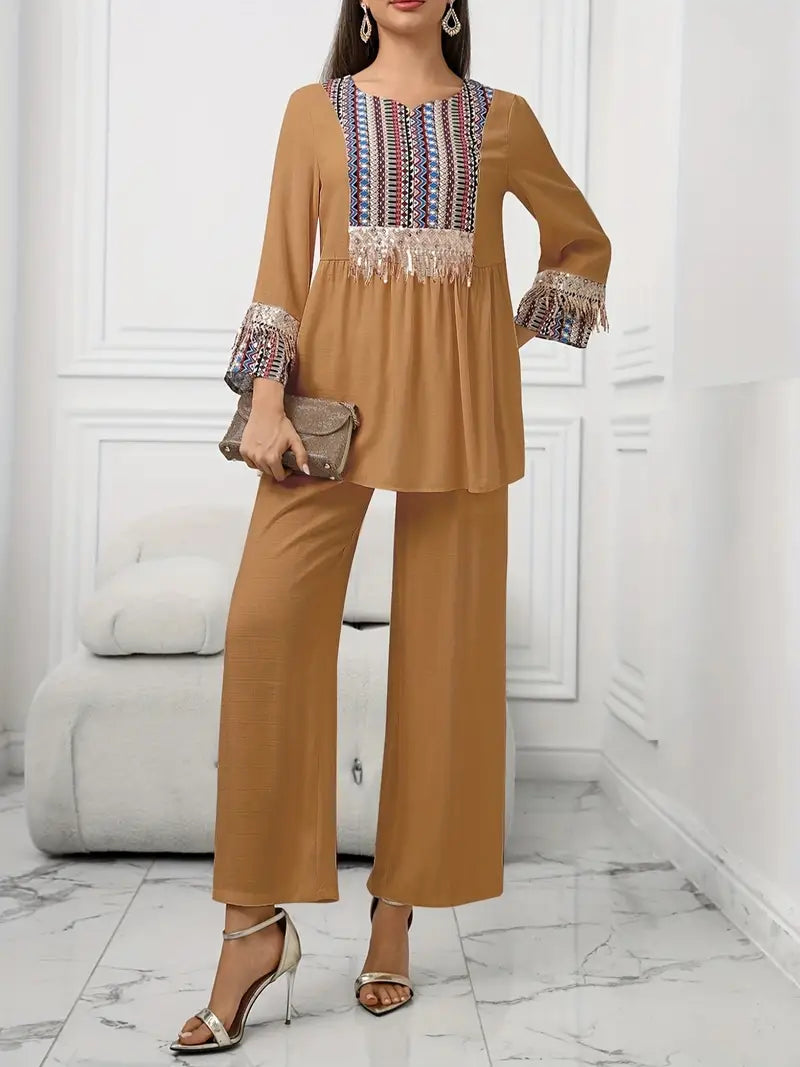 Elegant Summer Patchwork Co-ord Set for Women – Beaded Fringe Top with Wide-Leg Pants (2pcs)