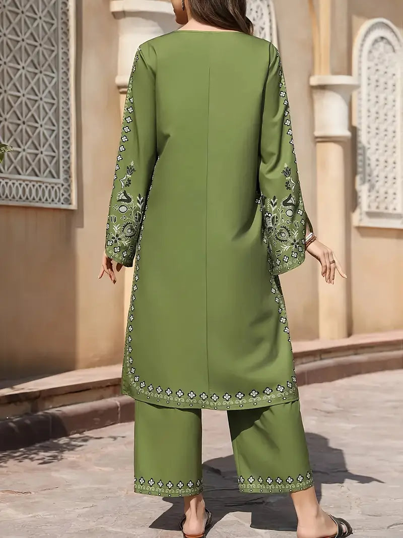 Traditional Green Floral Print Kurtis Set for Women – Long Sleeve Ethnic Dress with Textured Pants