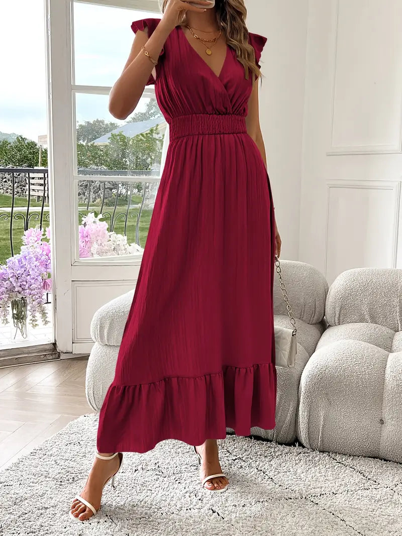 Elegant Ruffle Sleeve Surplice Neck Dress – Space Lightweight & Flattering Summer Style