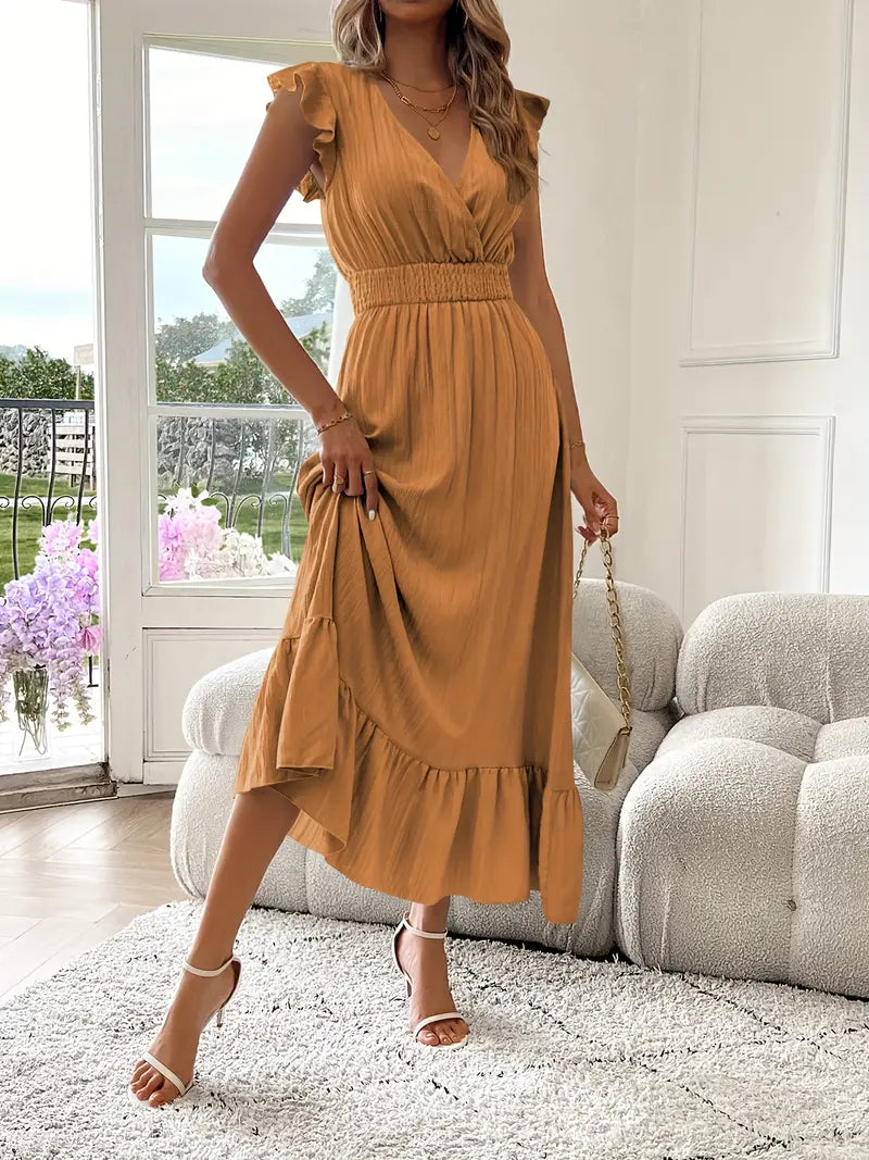 Elegant Ruffle Sleeve Surplice Neck Dress – Space Lightweight & Flattering Summer Style