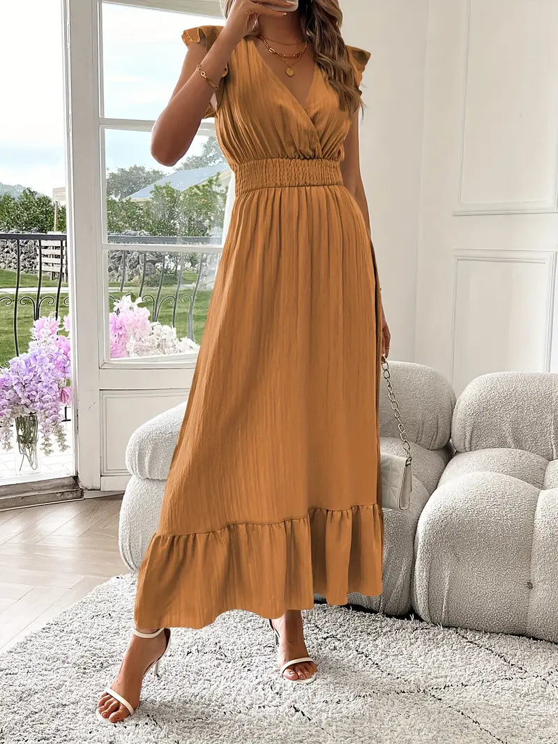 Elegant Ruffle Sleeve Surplice Neck Dress – Space Lightweight & Flattering Summer Style