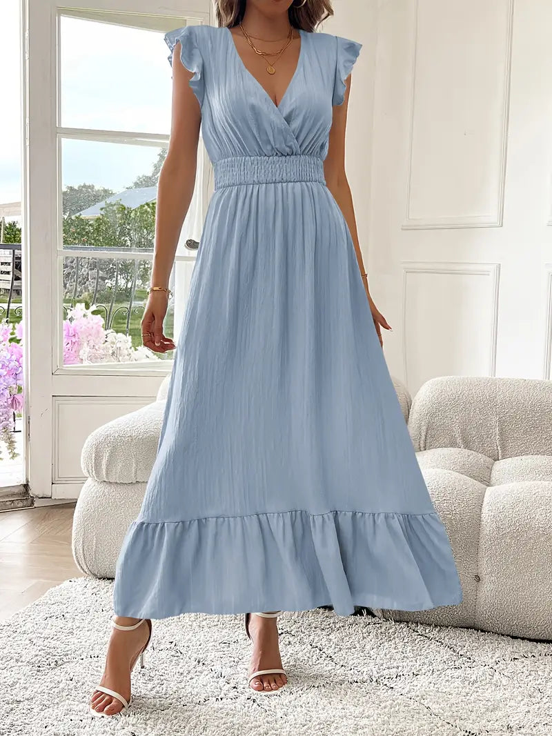 Elegant Ruffle Sleeve Surplice Neck Dress – Space Lightweight & Flattering Summer Style