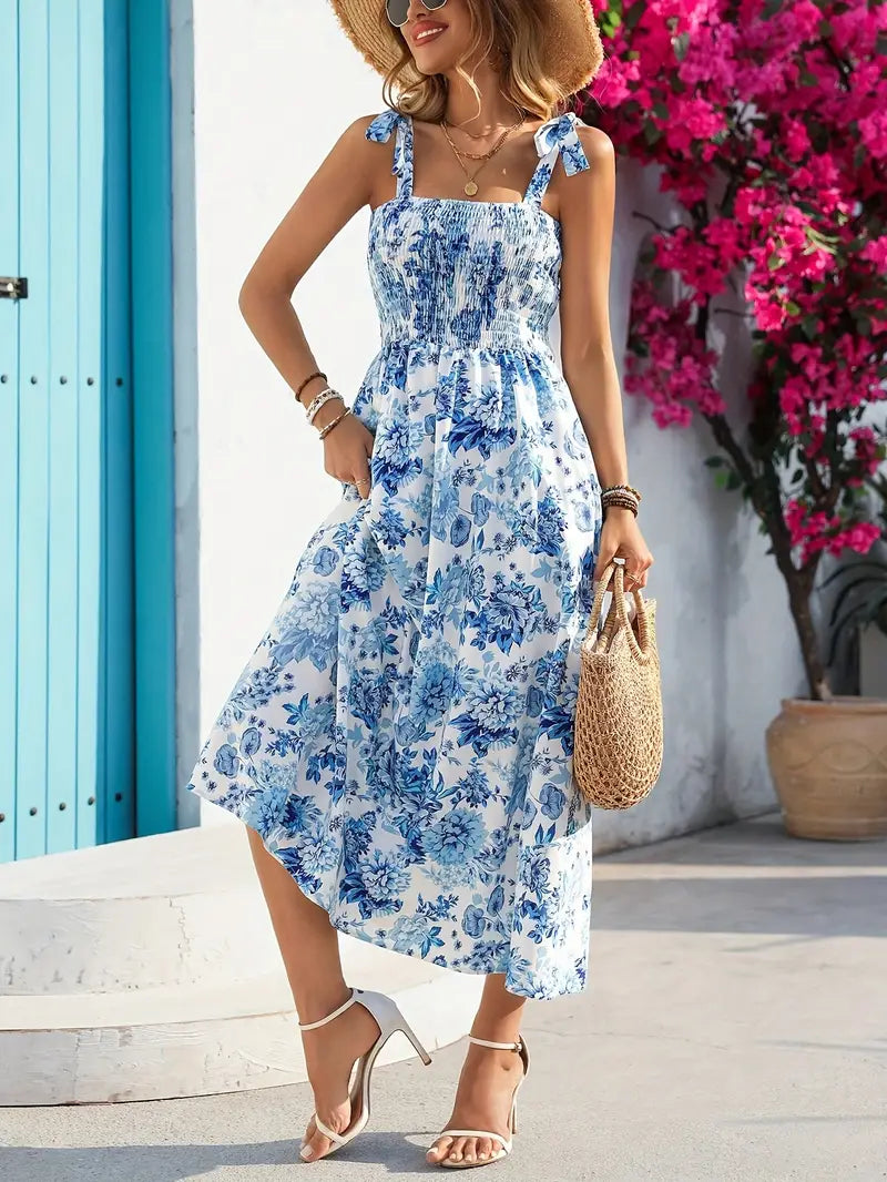 Floral Tie-Front Spaghetti Strap Dress – Blue & White, Easy & Stylish for Any Day