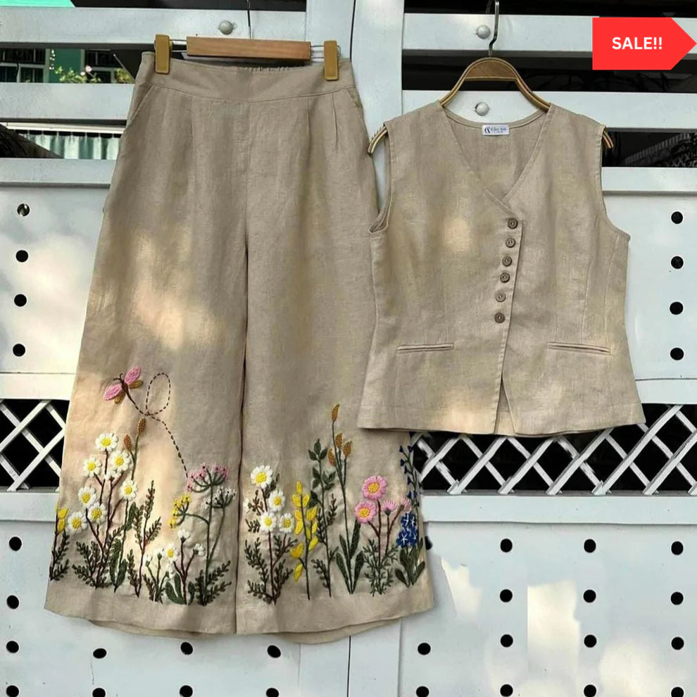 Floral Embroidery Beige Cord Set by Biba – Top & Bottom Ethnic Dress”