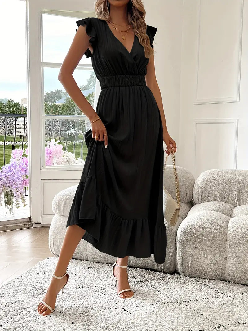 Elegant Ruffle Sleeve Surplice Neck Dress – Space Lightweight & Flattering Summer Style