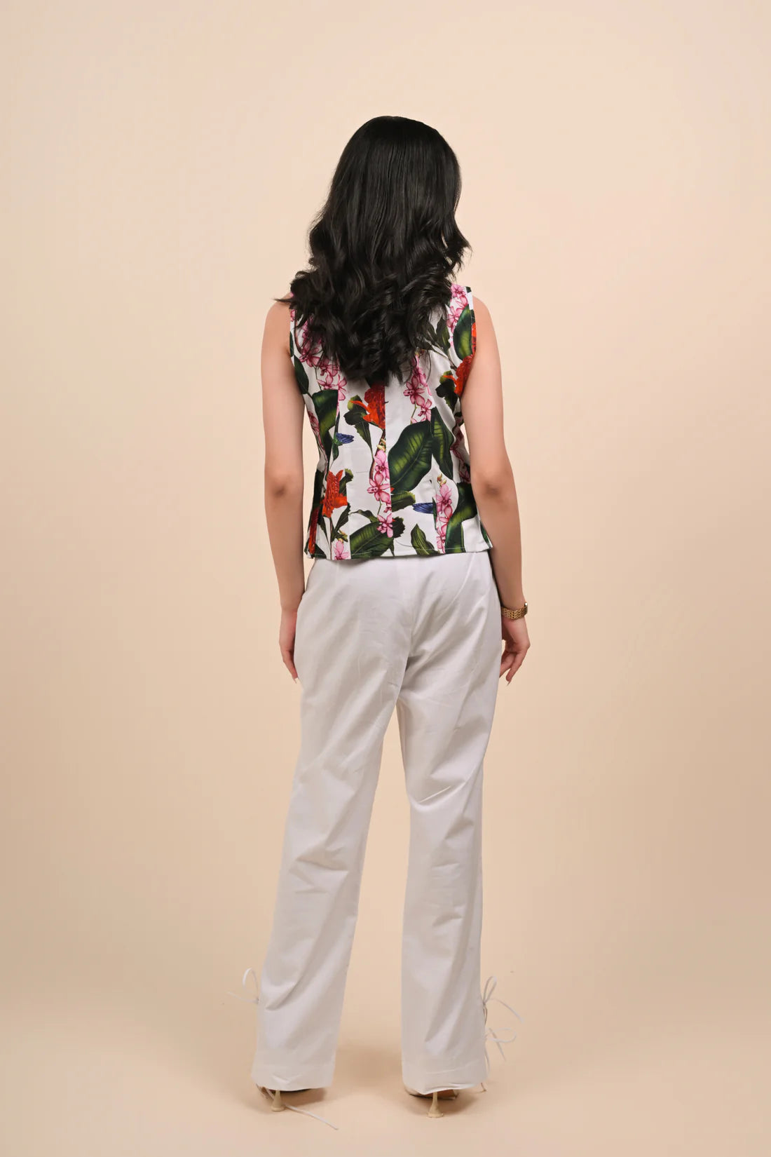 Tropical Floral Pleated Top & White Wide-Leg Pants Set