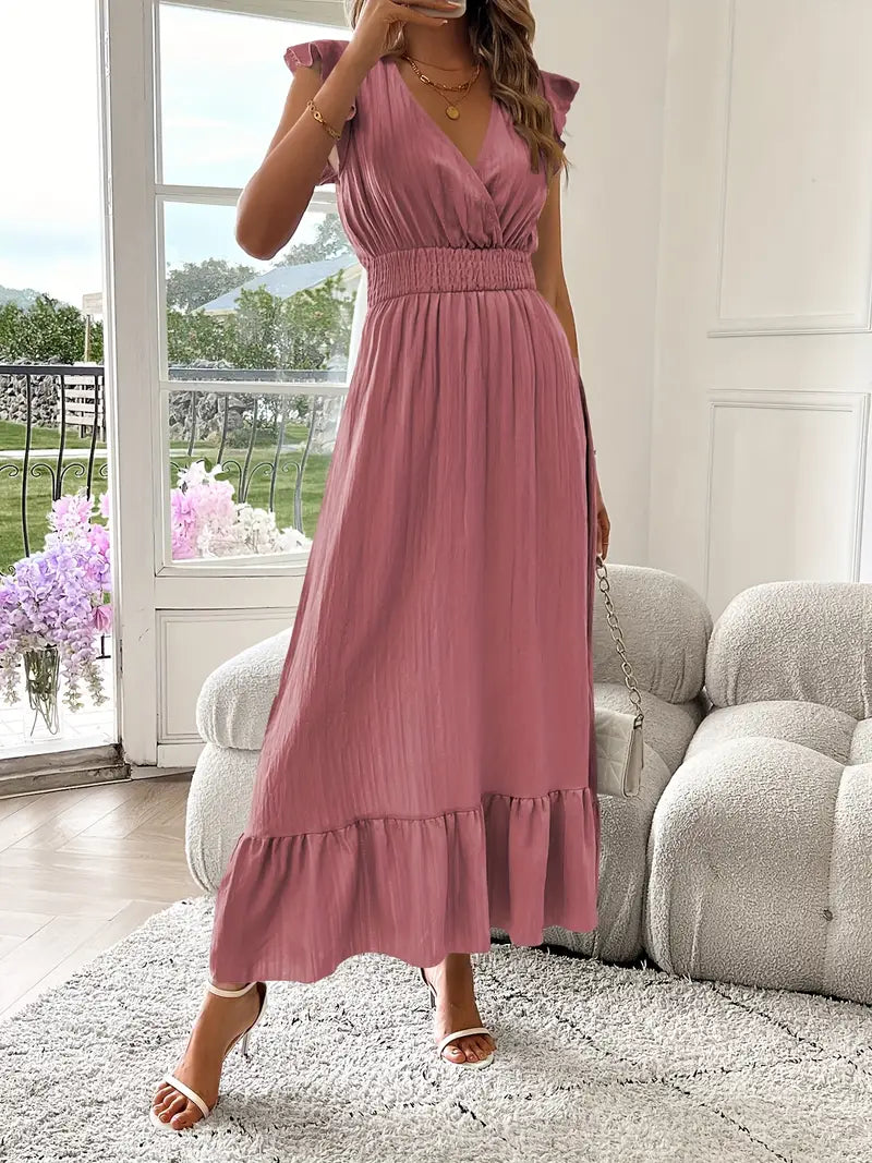 Elegant Ruffle Sleeve Surplice Neck Dress – Space Lightweight & Flattering Summer Style
