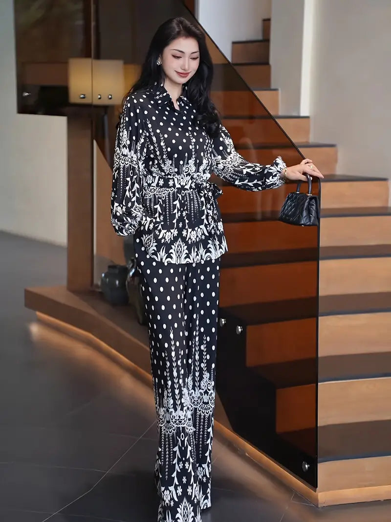 Bold Bloom Two-Piece Set – Printed Shirt & High-Waist Wide-Leg Pants