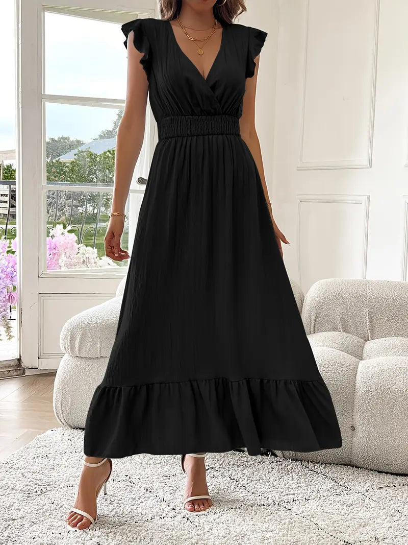 Elegant Ruffle Sleeve Surplice Neck Dress – Space Lightweight & Flattering Summer Style