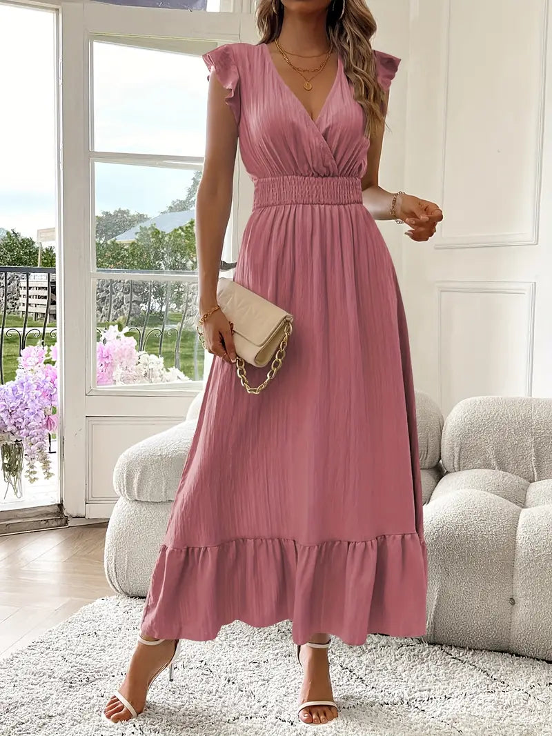 Elegant Ruffle Sleeve Surplice Neck Dress – Space Lightweight & Flattering Summer Style