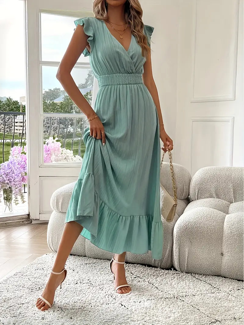 Elegant Ruffle Sleeve Surplice Neck Dress – Space Lightweight & Flattering Summer Style