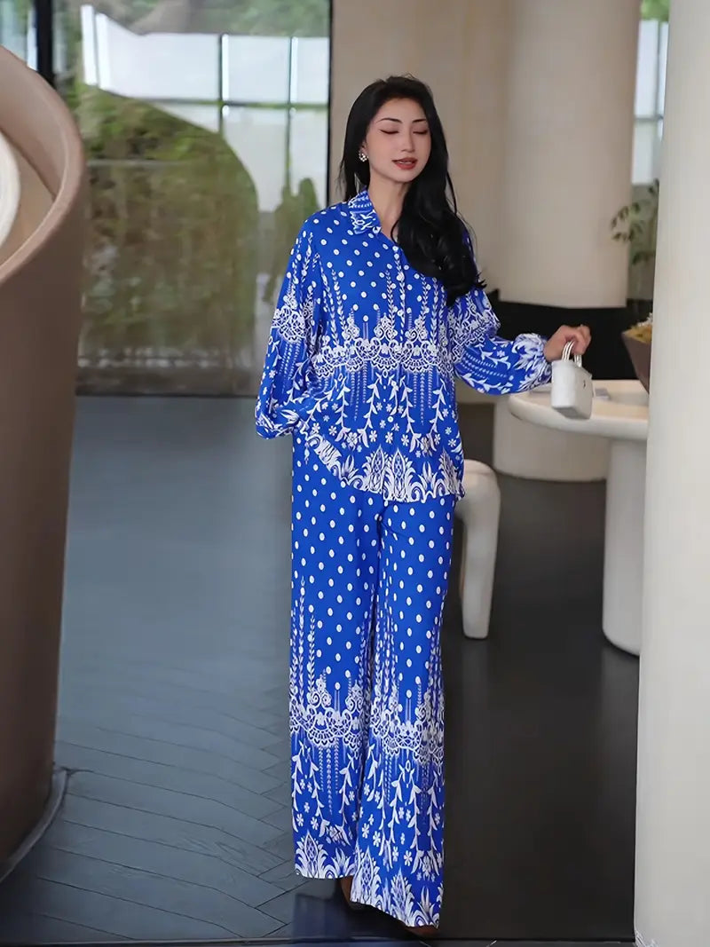 Bold Bloom Two-Piece Set – Printed Shirt & High-Waist Wide-Leg Pants