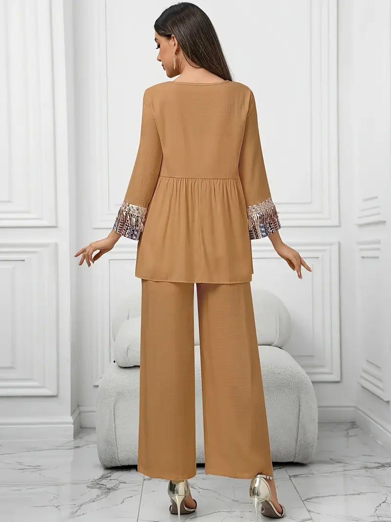 Elegant Summer Patchwork Co-ord Set for Women – Beaded Fringe Top with Wide-Leg Pants (2pcs)