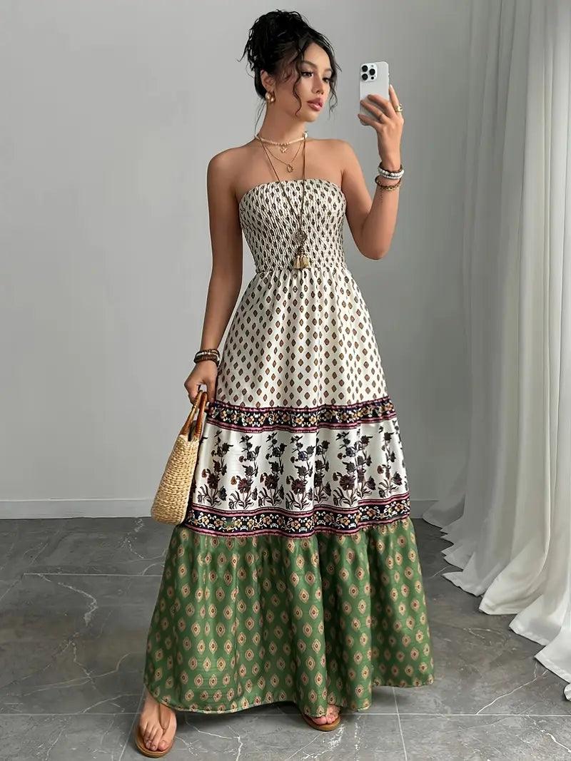 Airy Off-Shoulder Maxi Dress – Ruffle Trim, Pleated Skirt, Lightweight Fabric for Sunny Days & Vacations