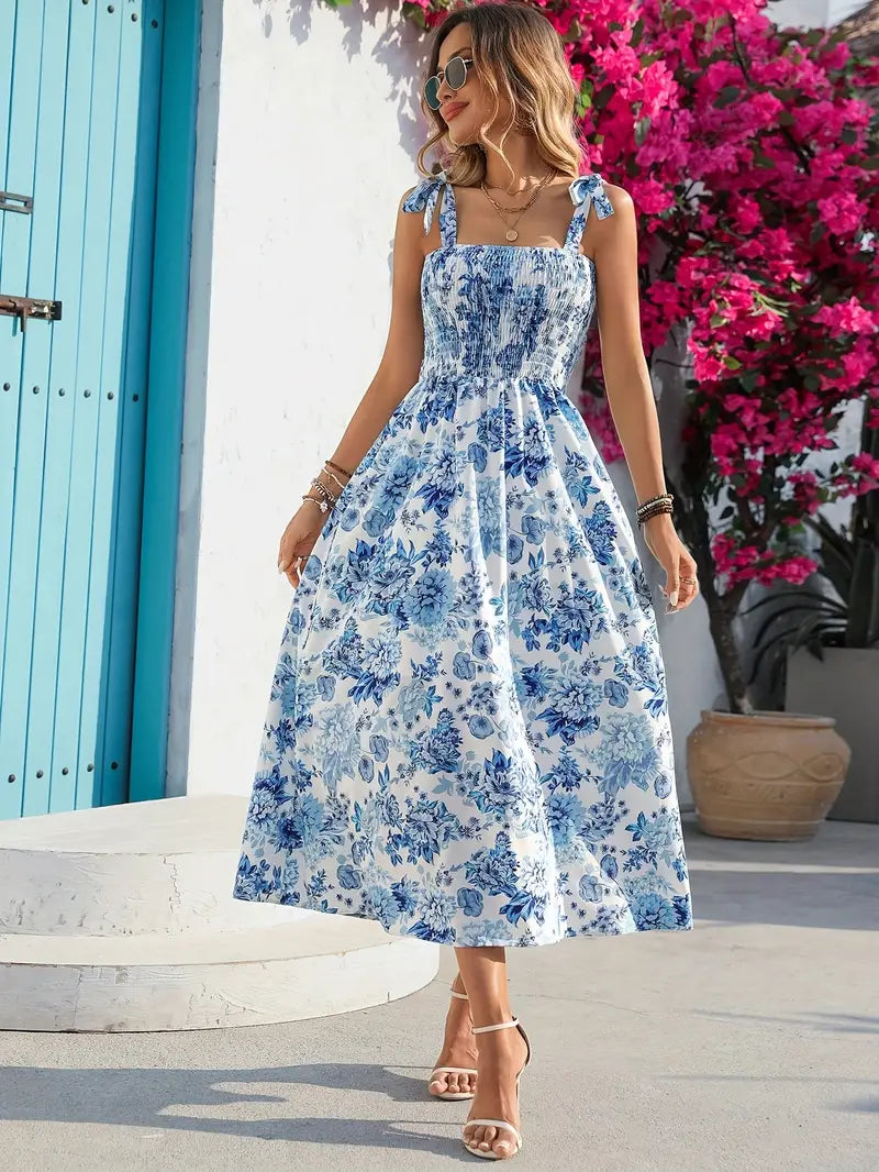 Floral Tie-Front Spaghetti Strap Dress – Blue & White, Easy & Stylish for Any Day
