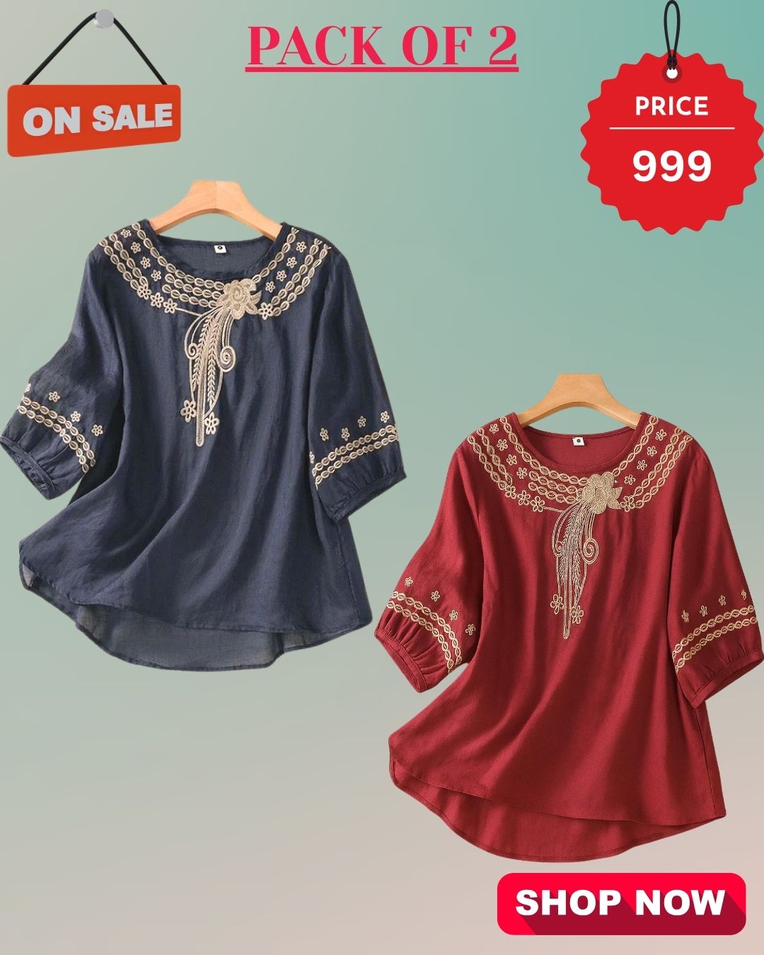 Pack Of 2 Floral Embroidered Top